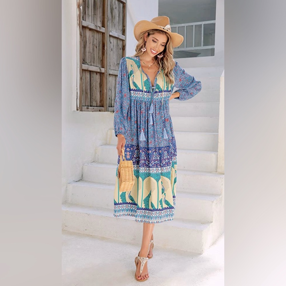 R.Vivimos Women's Long Sleeve Floral Print V Neck Tassel Bohemian Midi Dresses
